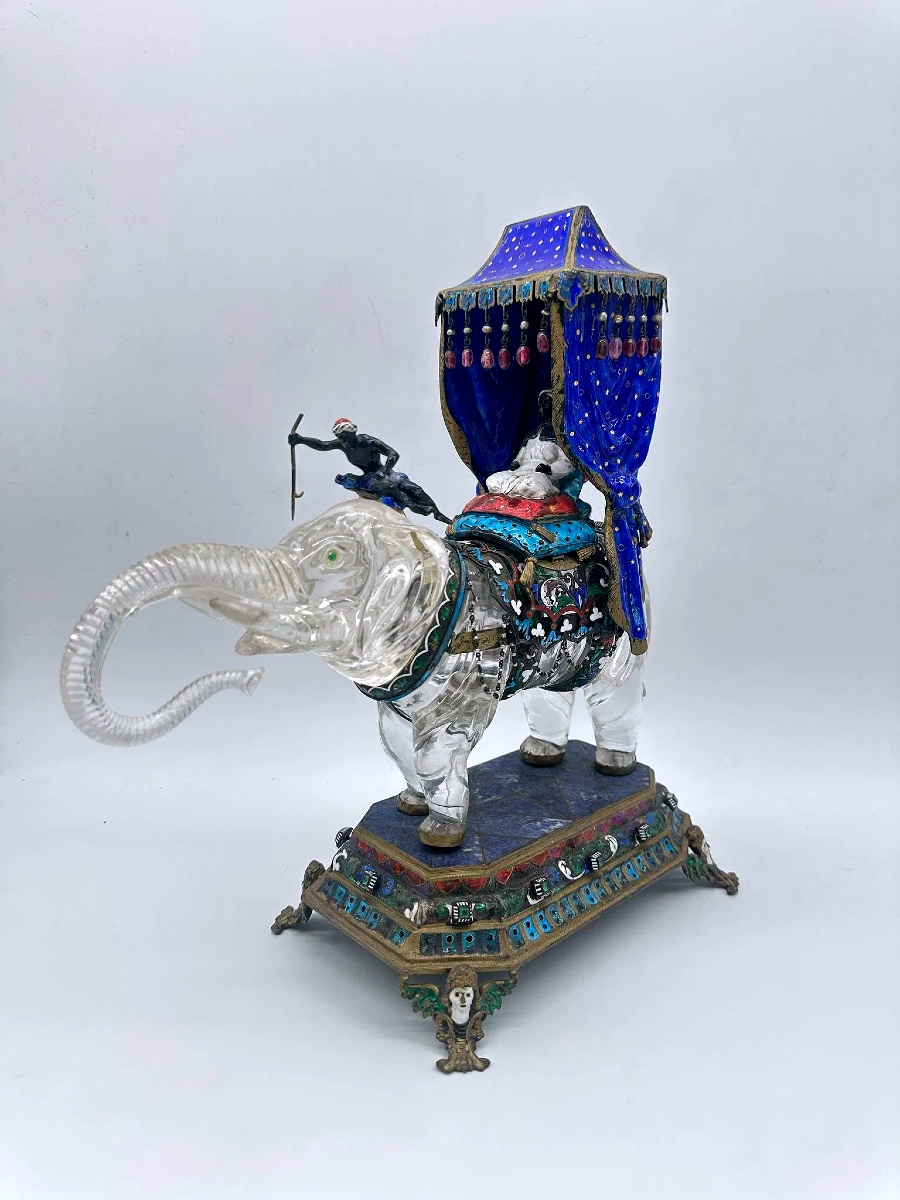 Scultura di elefante in cristallo di rocca e smalto cloisonné, grande, XIX secolo-photo-2