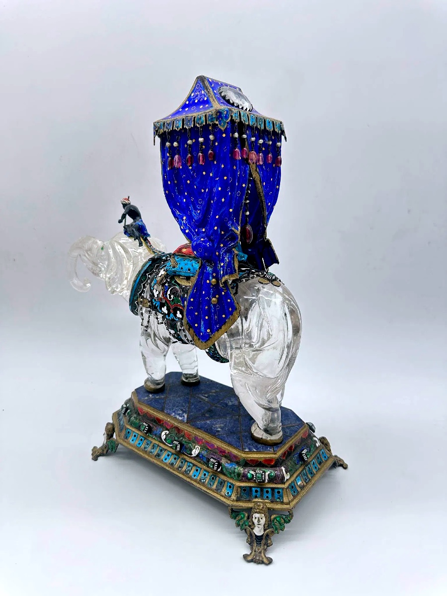 Scultura di elefante in cristallo di rocca e smalto cloisonné, grande, XIX secolo-photo-3