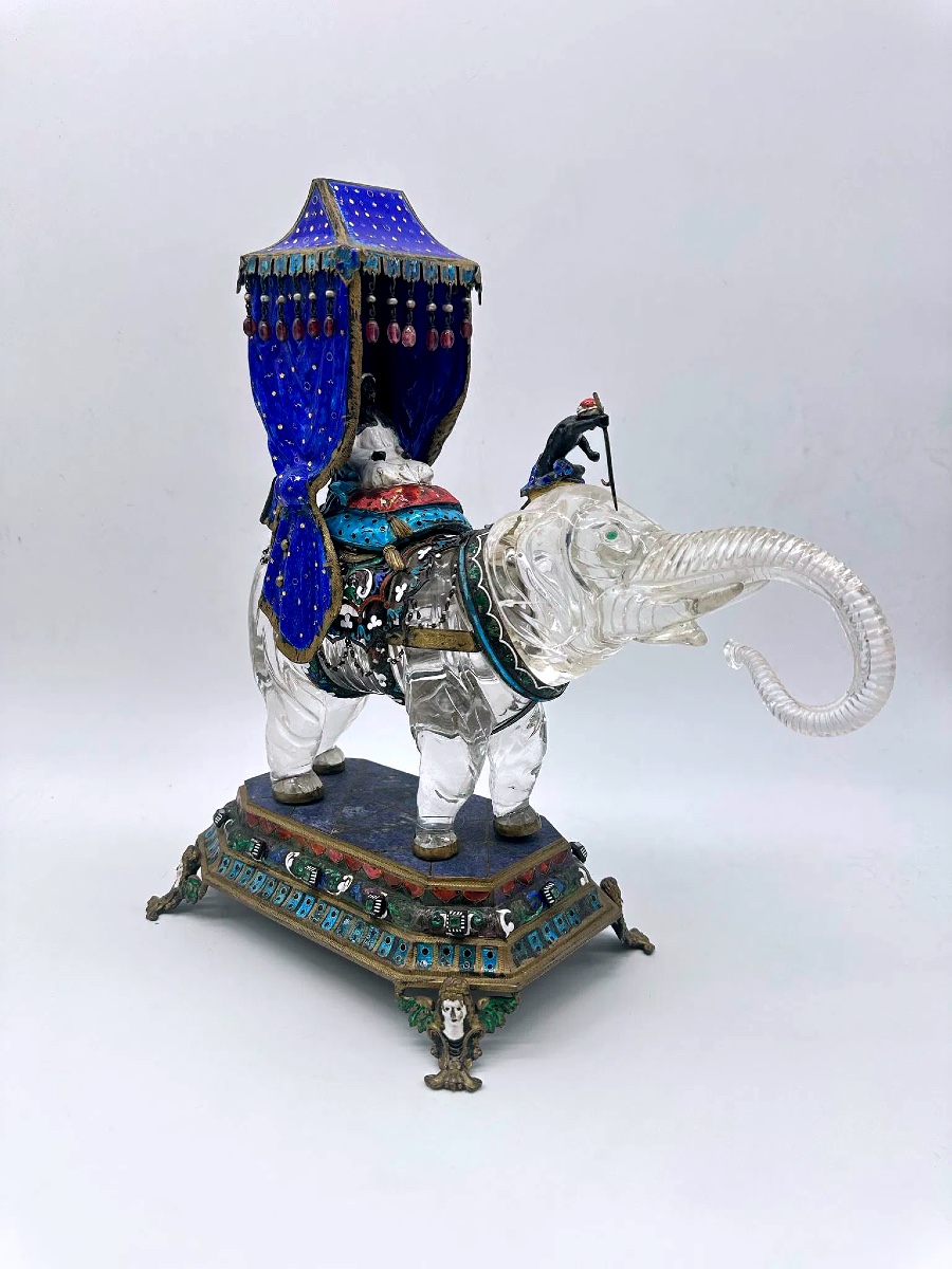 Scultura di elefante in cristallo di rocca e smalto cloisonné, grande, XIX secolo-photo-4