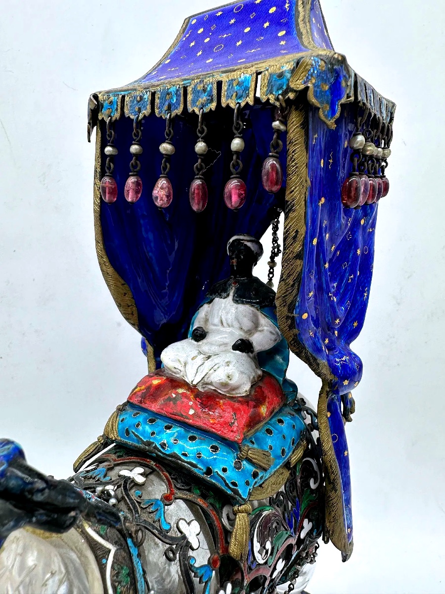Scultura di elefante in cristallo di rocca e smalto cloisonné, grande, XIX secolo-photo-1