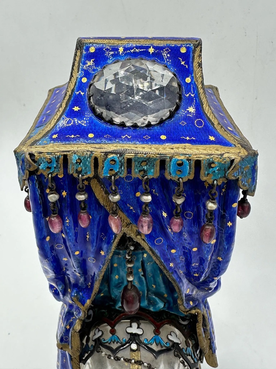 Scultura di elefante in cristallo di rocca e smalto cloisonné, grande, XIX secolo-photo-5