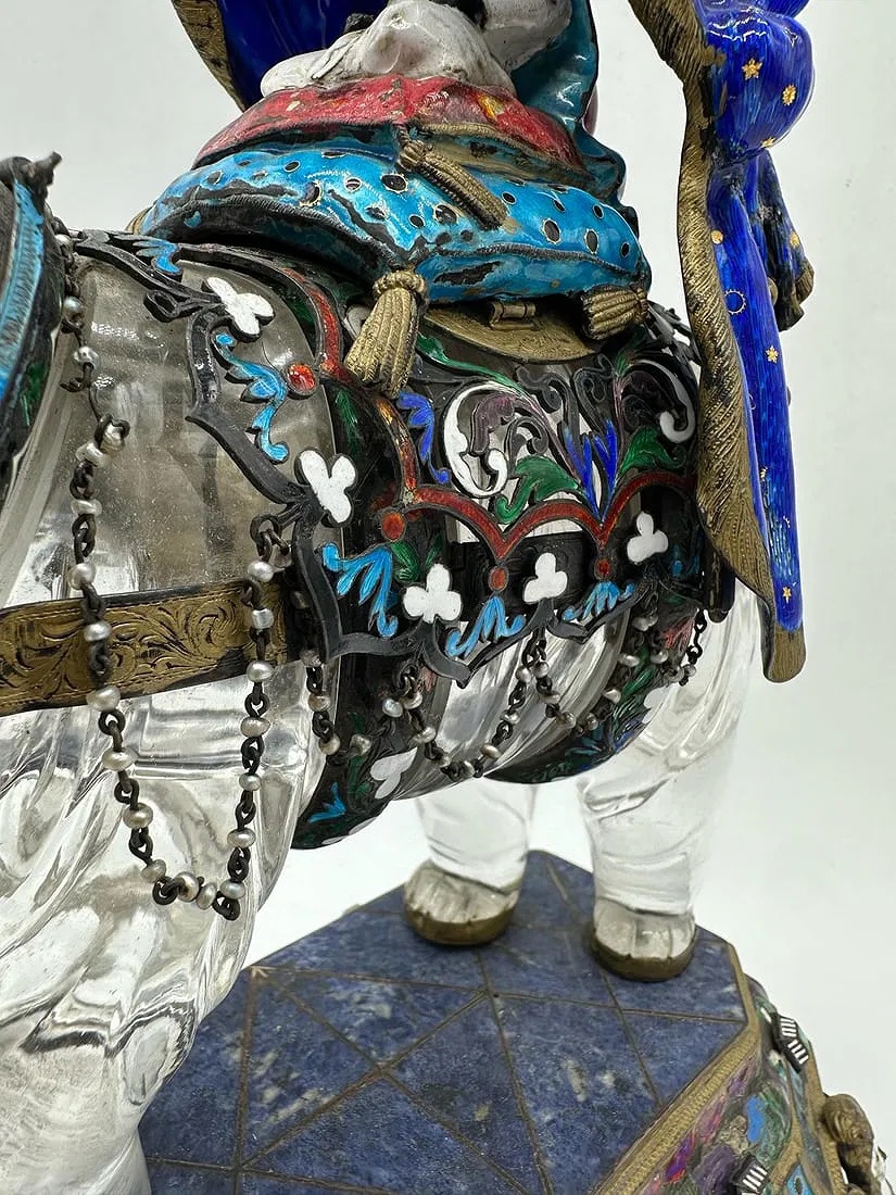 Scultura di elefante in cristallo di rocca e smalto cloisonné, grande, XIX secolo-photo-6