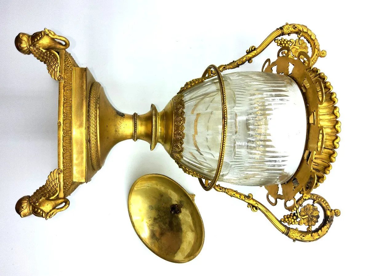 Centrotavola antico francese in argento dorato con vetro Baccarat, grande, marchiato-photo-2