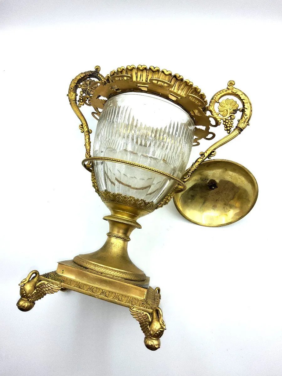Centrotavola antico francese in argento dorato con vetro Baccarat, grande, marchiato-photo-3