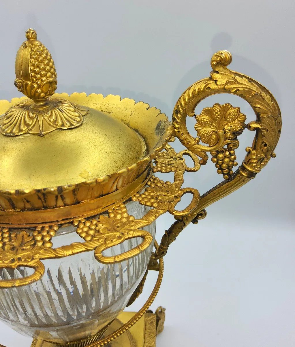 Centrotavola antico francese in argento dorato con vetro Baccarat, grande, marchiato-photo-1