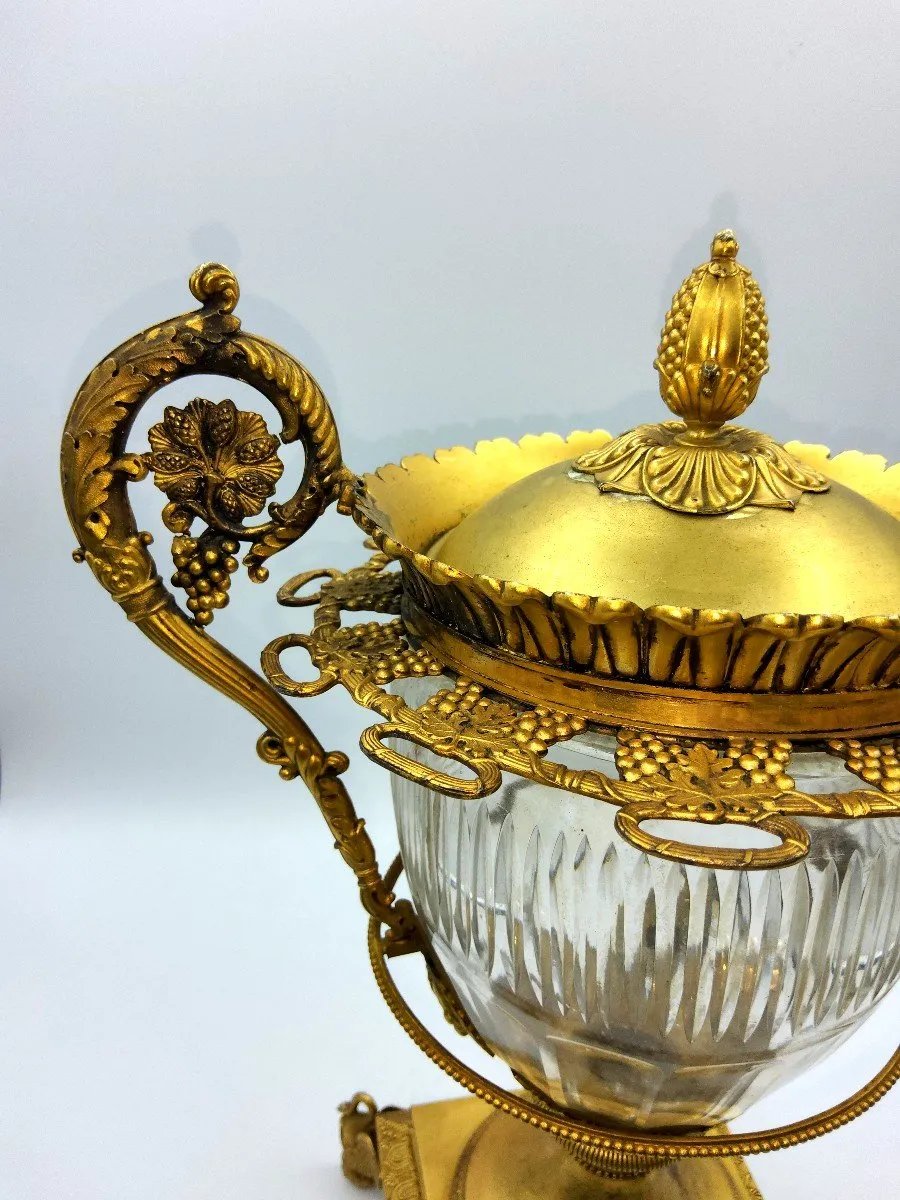 Centrotavola antico francese in argento dorato con vetro Baccarat, grande, marchiato-photo-8