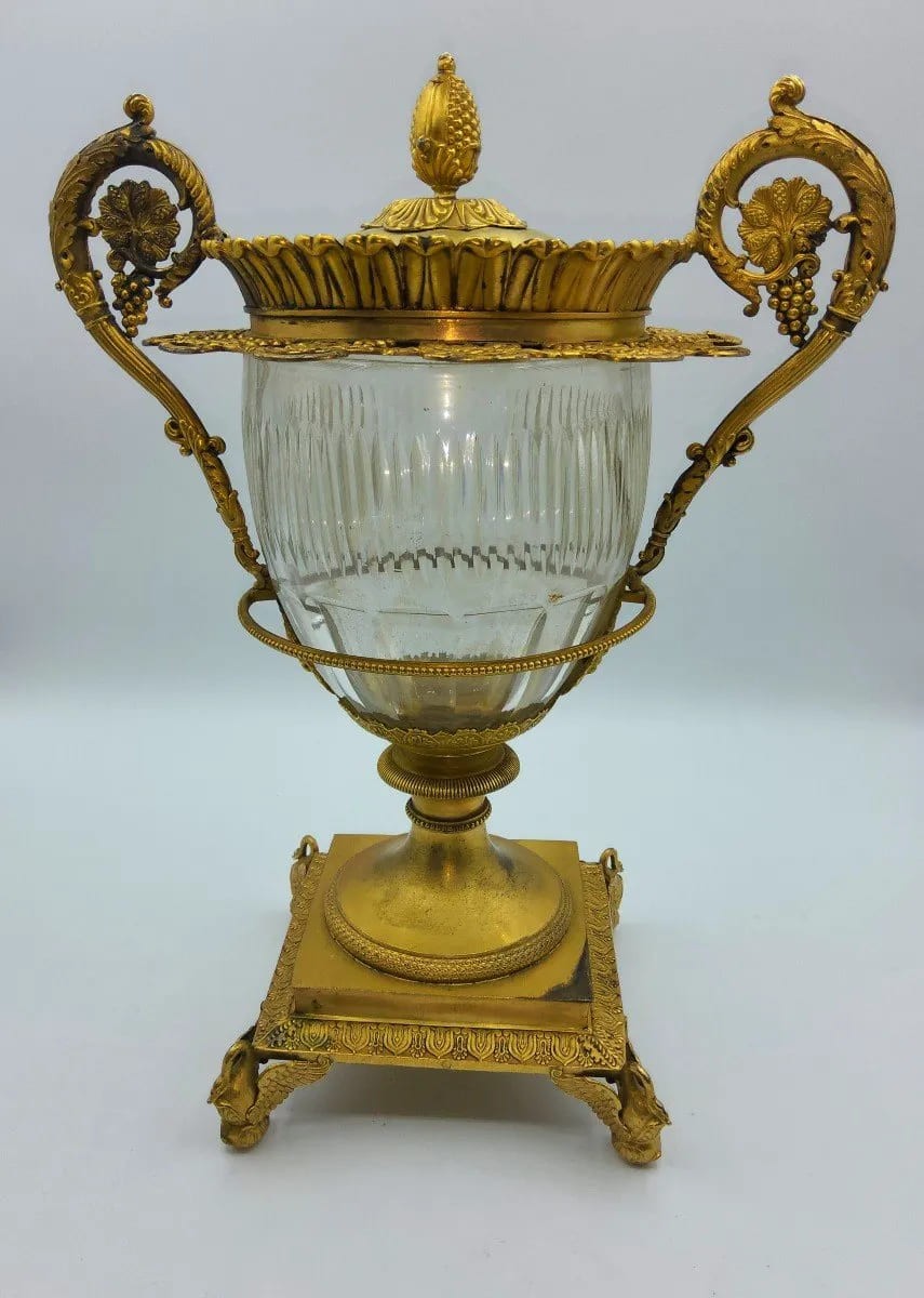 Centrotavola antico francese in argento dorato con vetro Baccarat, grande, marchiato