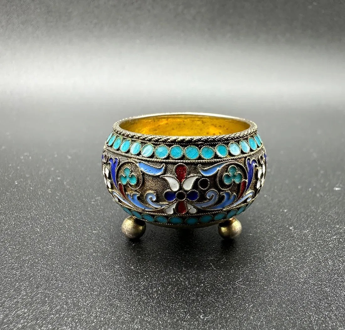 Antico salino russo in argento smaltato cloisonné-photo-2