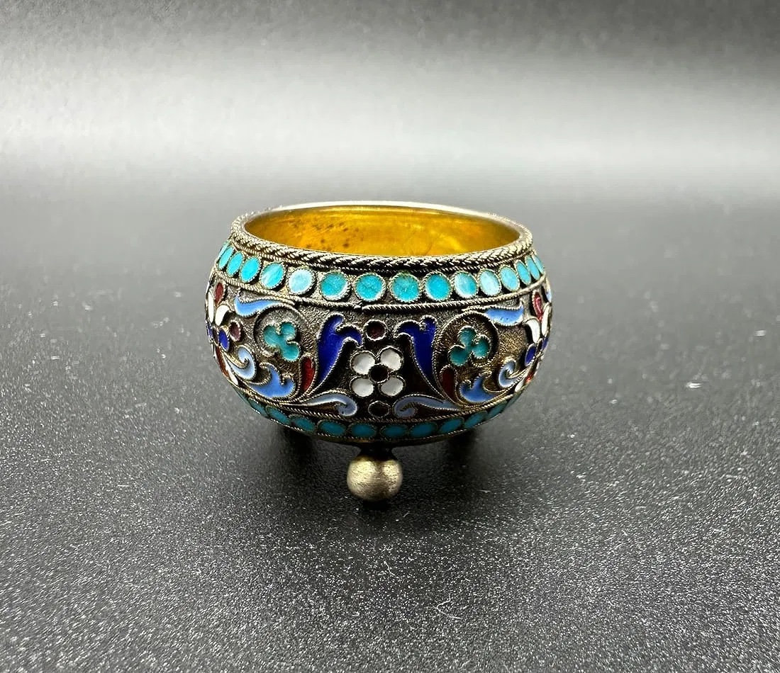 Antico salino russo in argento smaltato cloisonné-photo-8