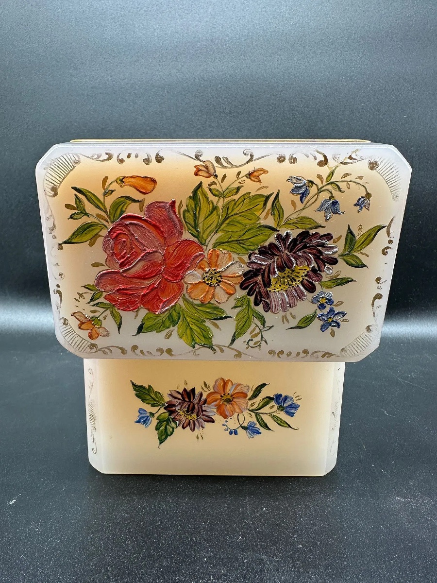 Scatola in vetro opalino rosa dipinta a mano, XIX secolo-photo-2