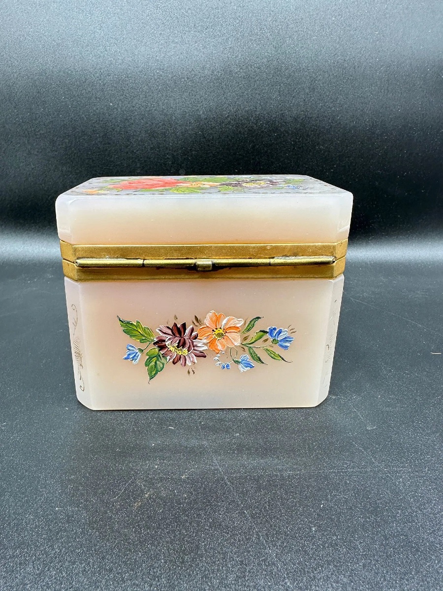 Scatola in vetro opalino rosa dipinta a mano, XIX secolo-photo-6