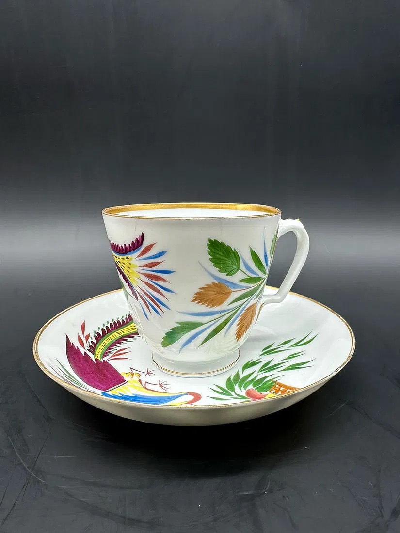 Tazza e piattino in porcellana russa Chekhonin, datati, contrassegnati con AIII e martello-photo-2