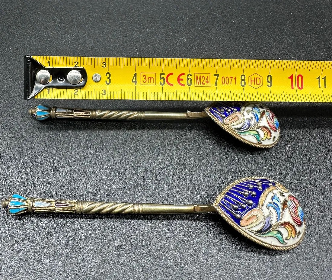 Coppia di cucchiai imperiali russi in argento smaltato, XIX secolo-photo-4