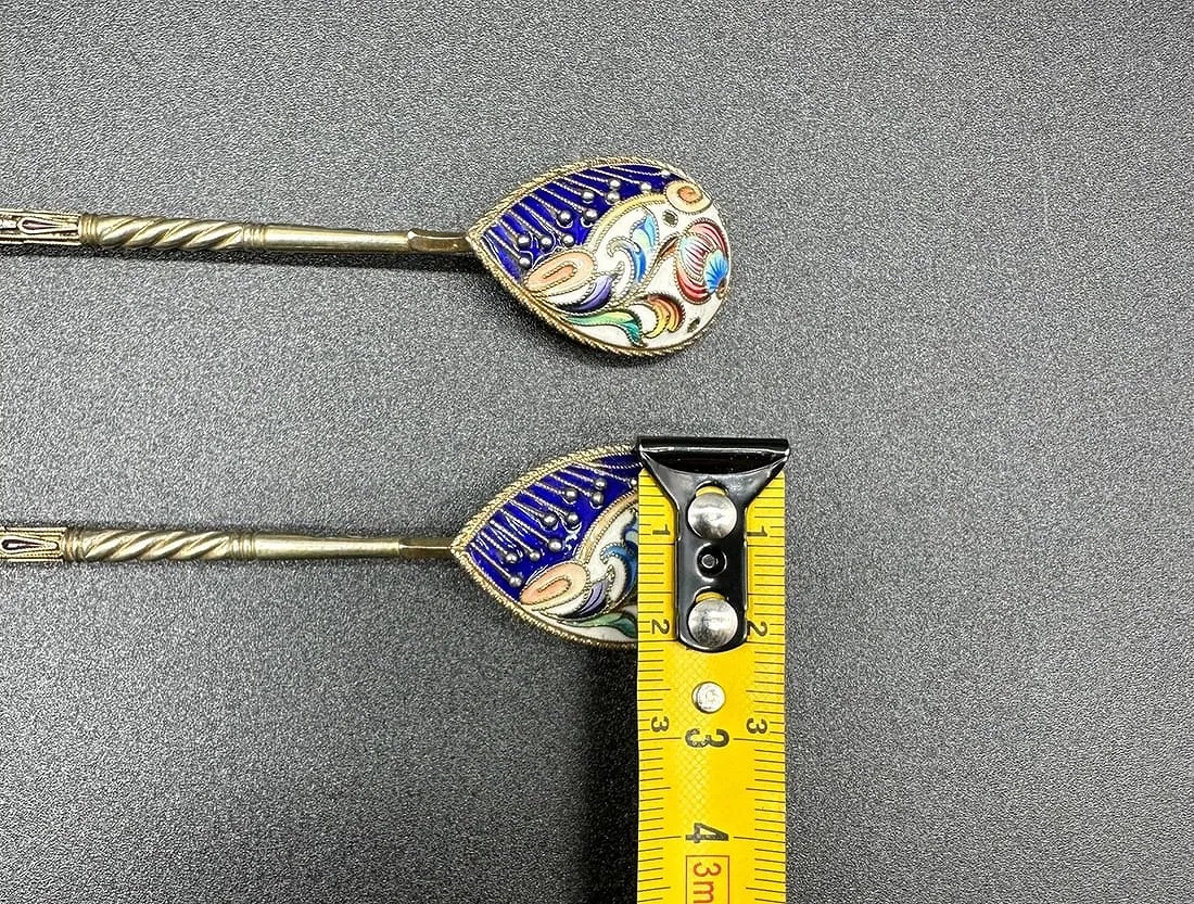 Coppia di cucchiai imperiali russi in argento smaltato, XIX secolo-photo-2