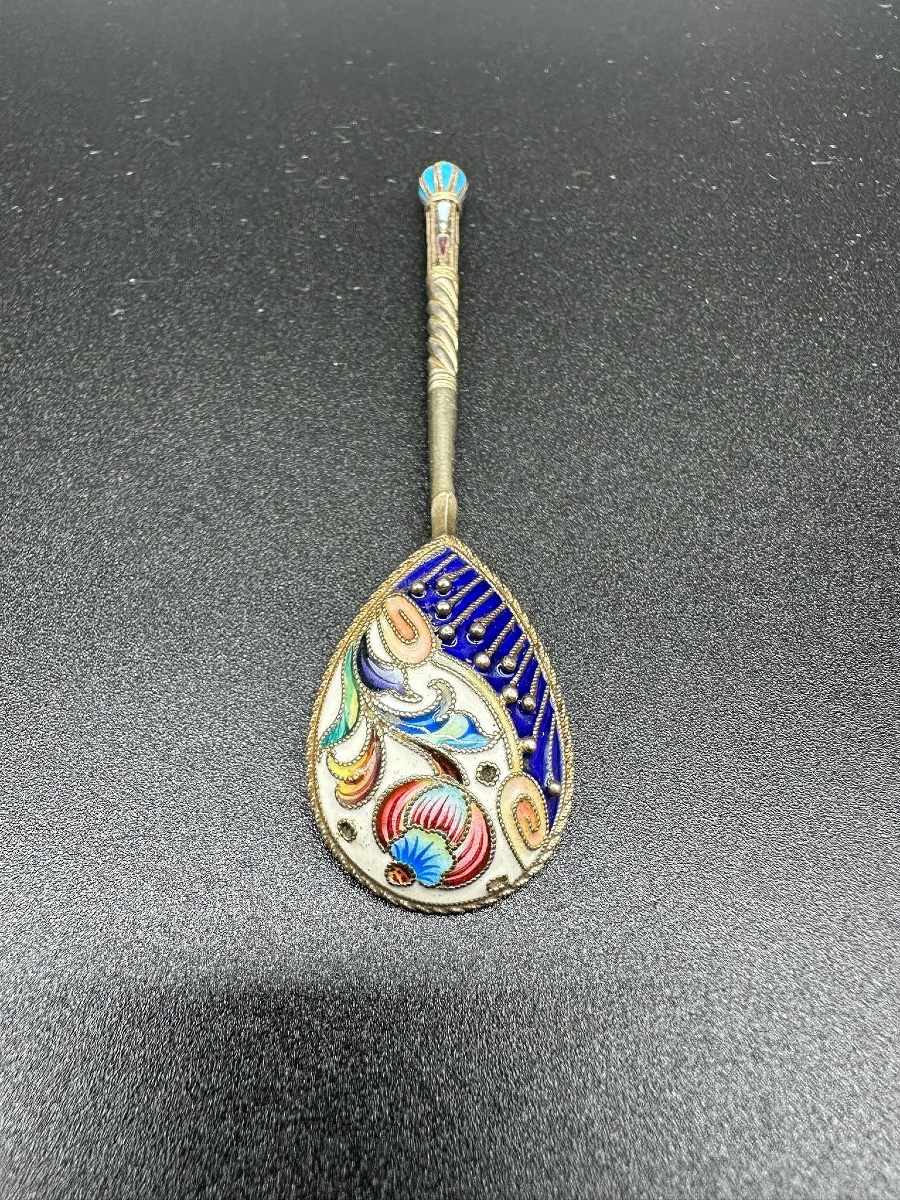 Coppia di cucchiai imperiali russi in argento smaltato, XIX secolo-photo-4