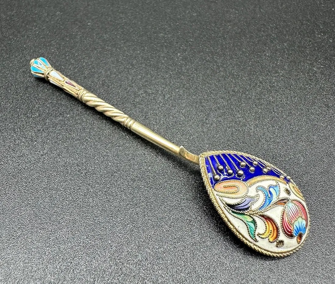 Coppia di cucchiai imperiali russi in argento smaltato, XIX secolo-photo-5