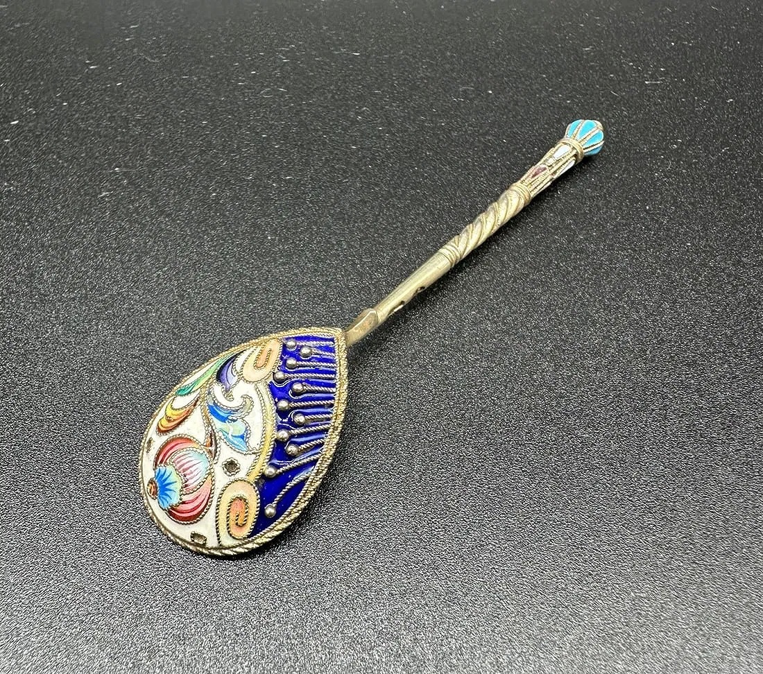 Coppia di cucchiai imperiali russi in argento smaltato, XIX secolo-photo-6