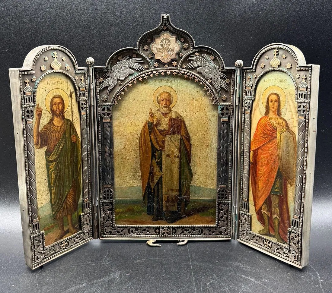 Grande icona russa in argento del XIX secolo, San Nicola, San Giovanni, San Michele, Trittico-photo-2