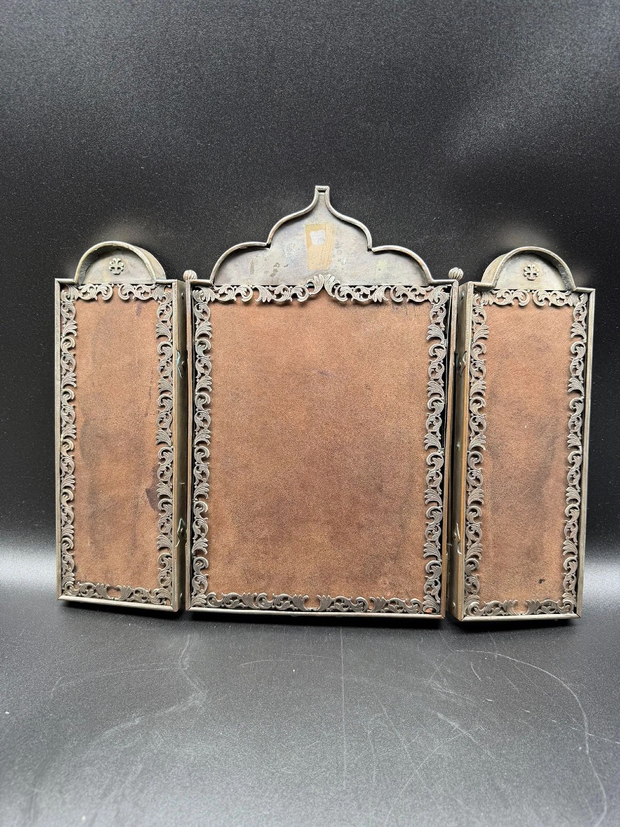 Grande icona russa in argento del XIX secolo, San Nicola, San Giovanni, San Michele, Trittico-photo-4