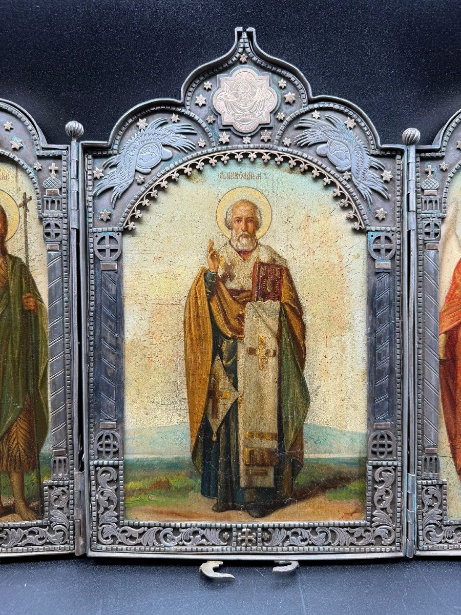 Grande icona russa in argento del XIX secolo, San Nicola, San Giovanni, San Michele, Trittico-photo-2