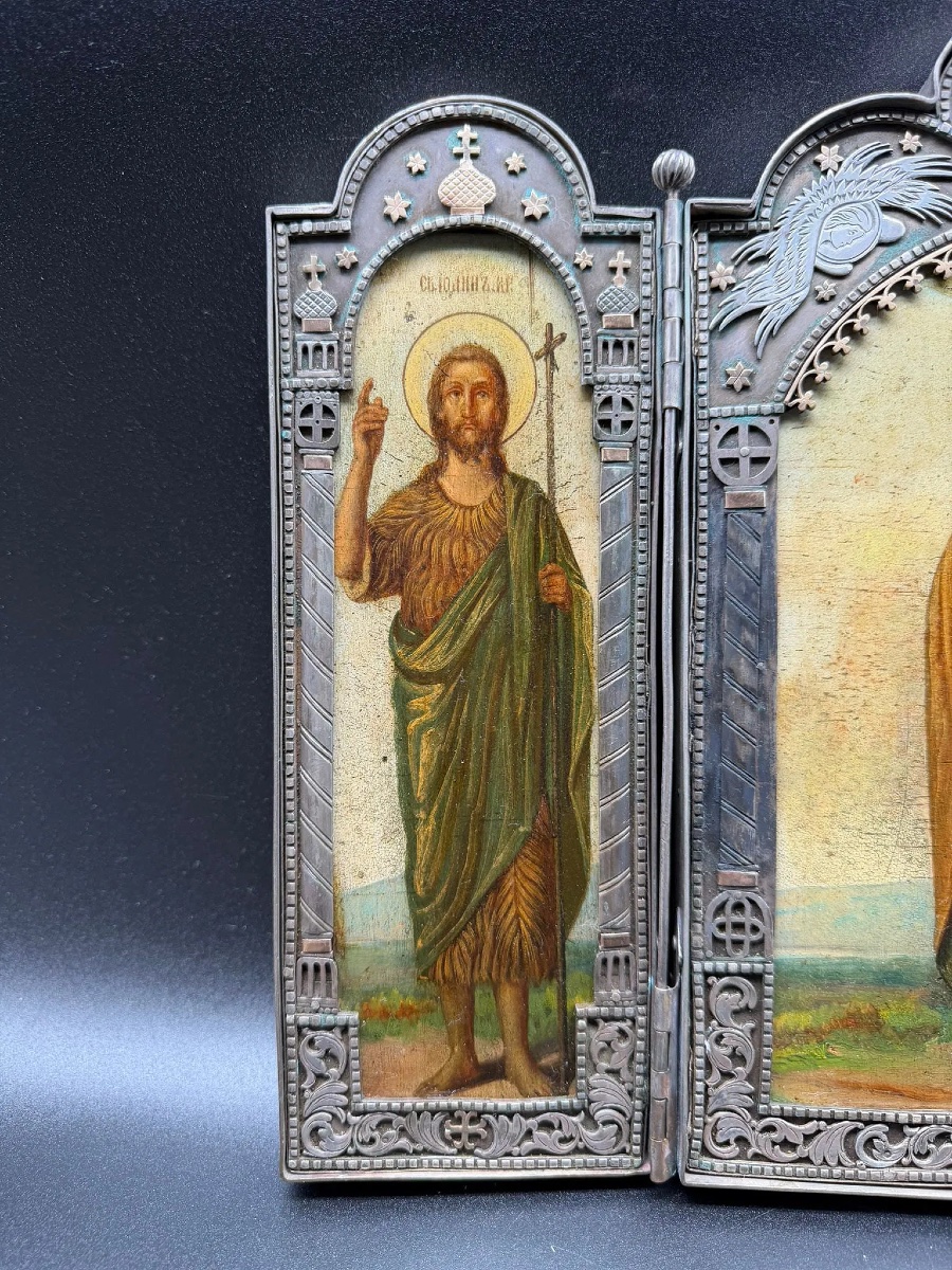 Grande icona russa in argento del XIX secolo, San Nicola, San Giovanni, San Michele, Trittico-photo-3