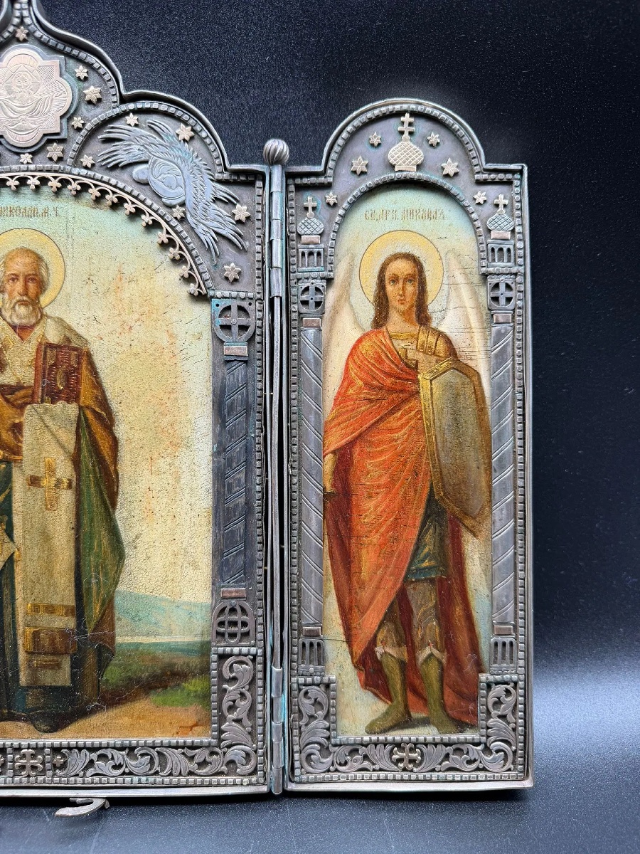 Grande icona russa in argento del XIX secolo, San Nicola, San Giovanni, San Michele, Trittico-photo-4