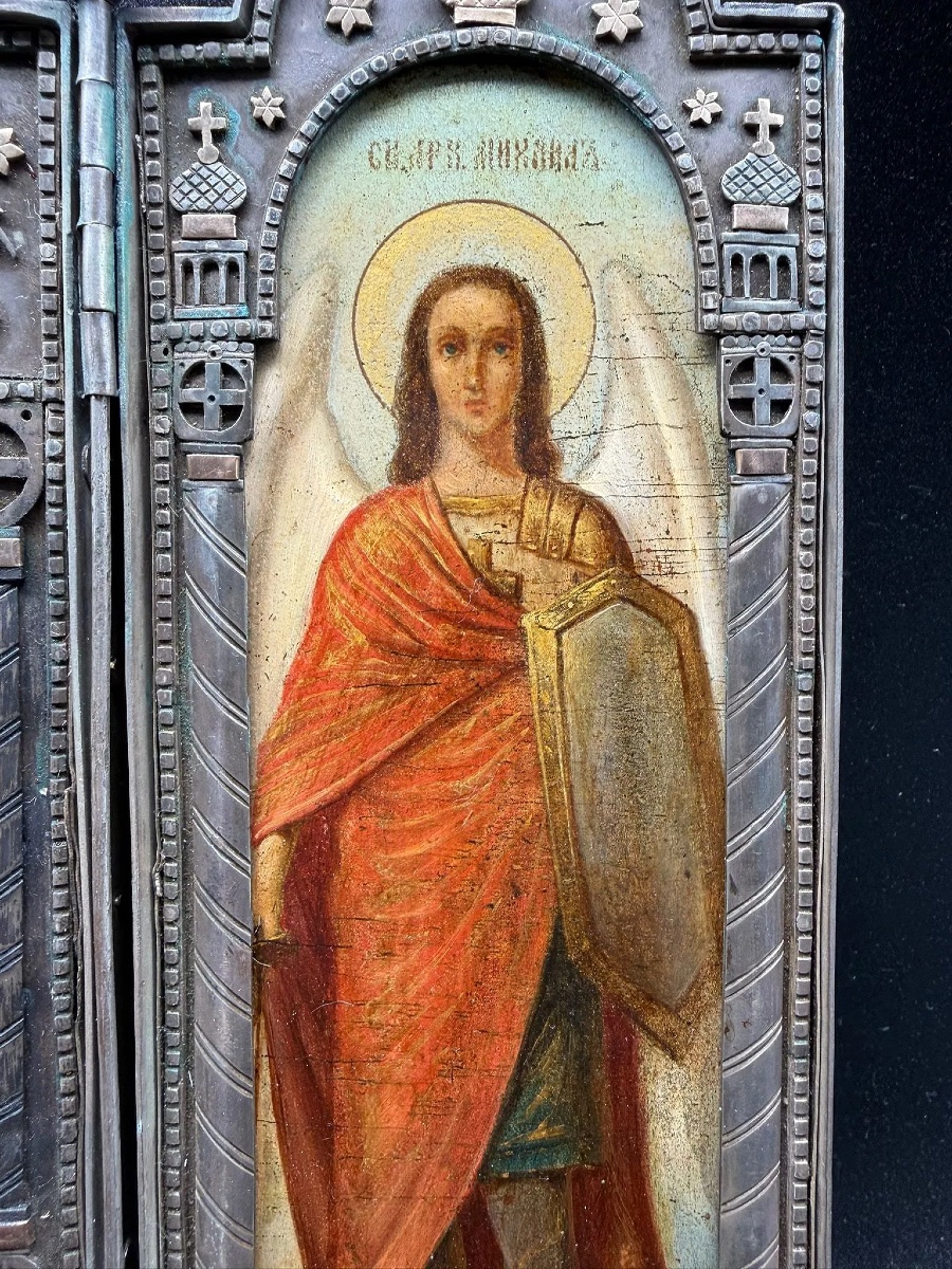 Grande icona russa in argento del XIX secolo, San Nicola, San Giovanni, San Michele, Trittico-photo-6