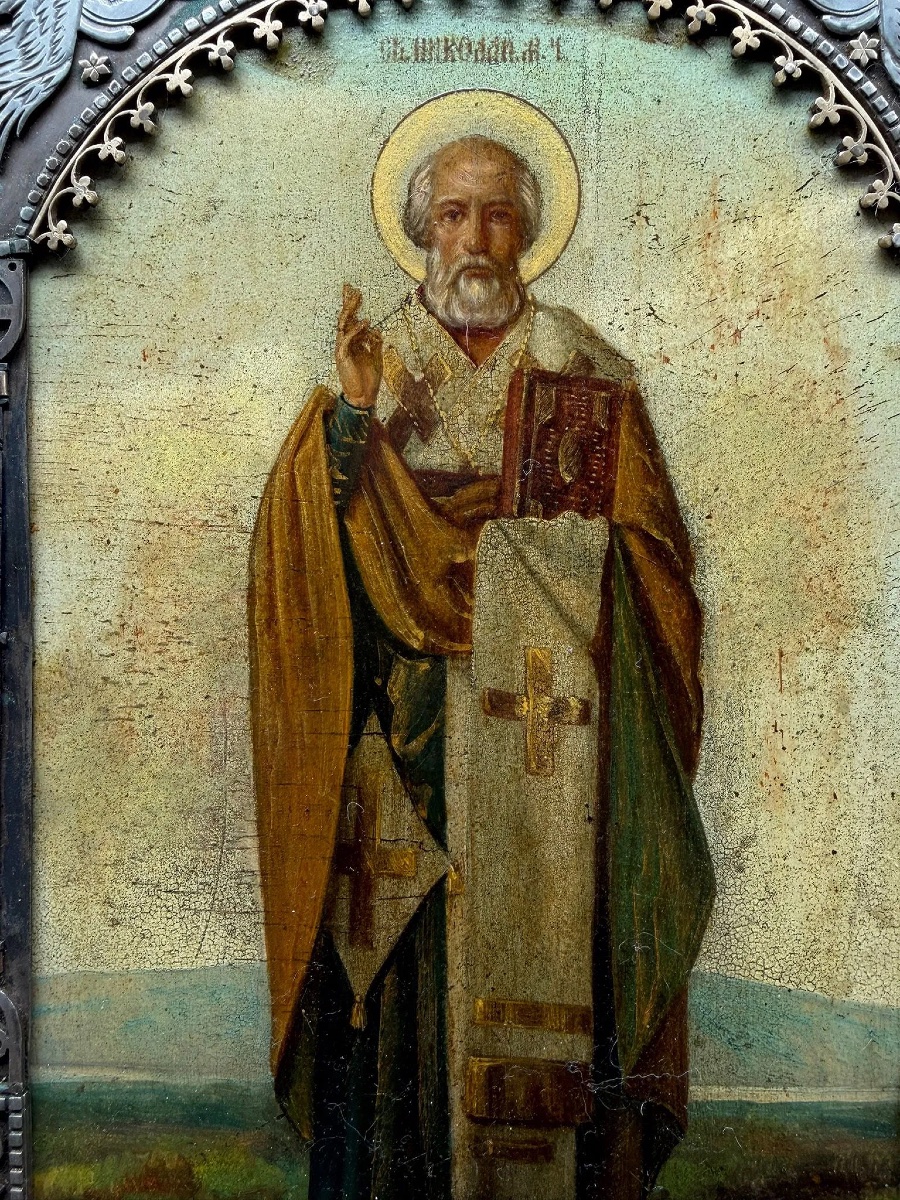 Grande icona russa in argento del XIX secolo, San Nicola, San Giovanni, San Michele, Trittico-photo-7