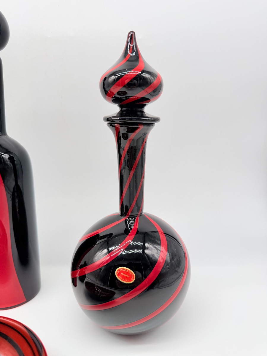MURANO di Archimede Seguso - set in vetro artistico italiano con vortici neri e rossi, firmato-photo-2