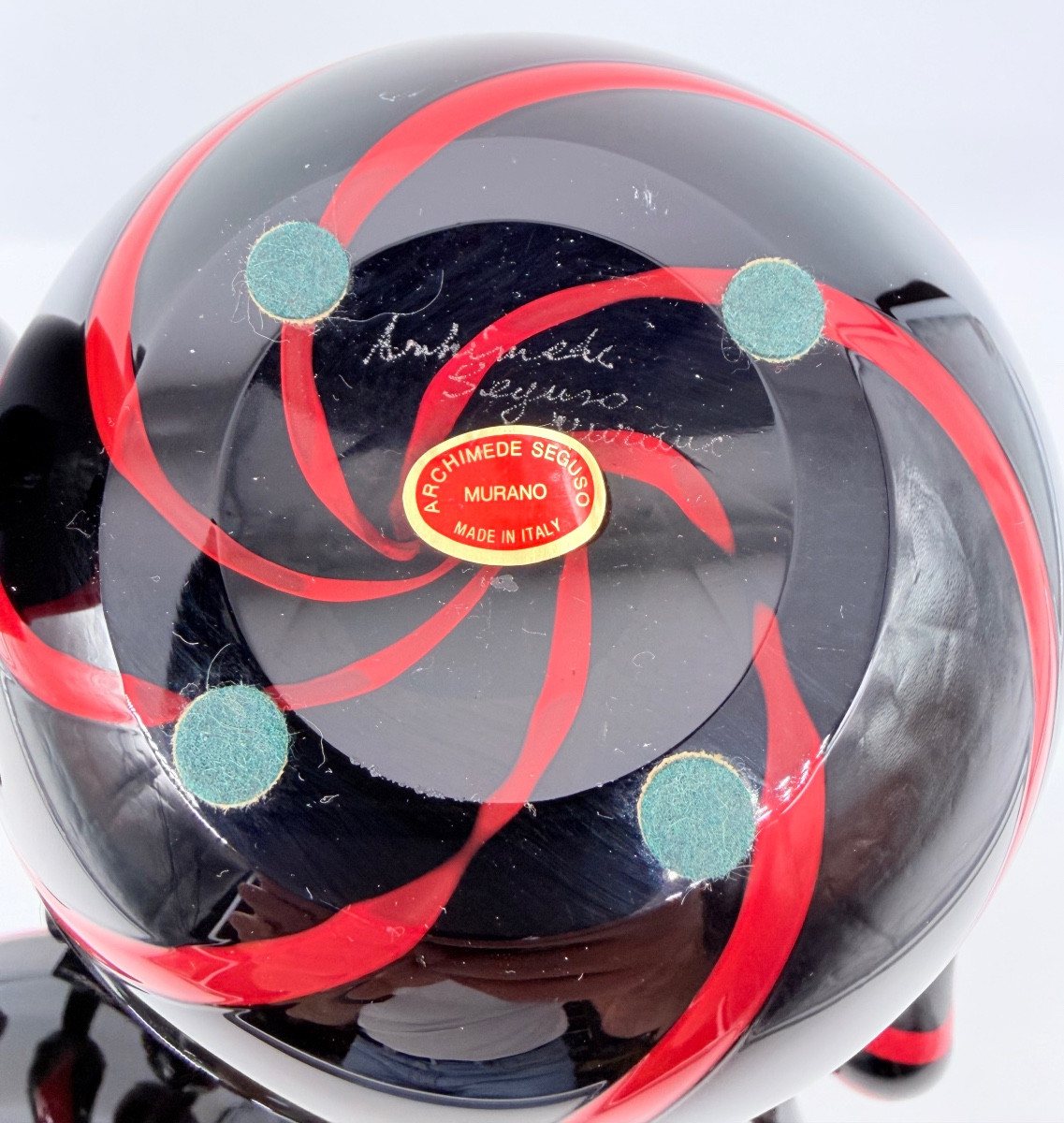 MURANO di Archimede Seguso - set in vetro artistico italiano con vortici neri e rossi, firmato-photo-3