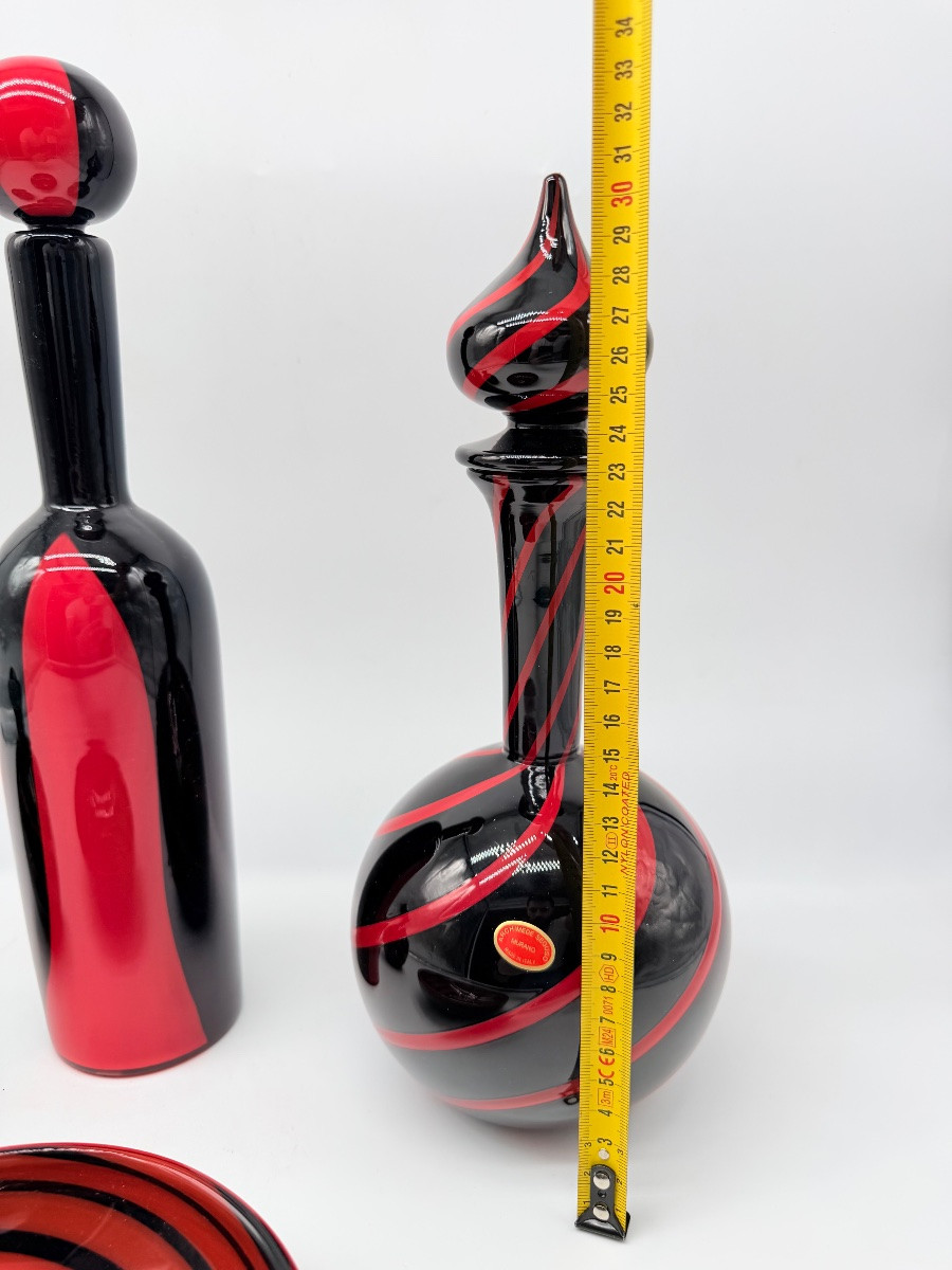 MURANO di Archimede Seguso - set in vetro artistico italiano con vortici neri e rossi, firmato-photo-1