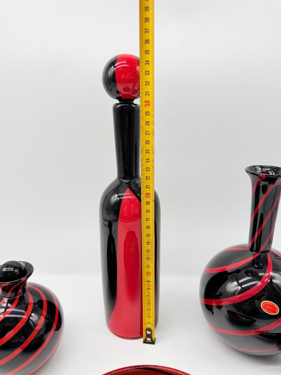 MURANO di Archimede Seguso - set in vetro artistico italiano con vortici neri e rossi, firmato-photo-2