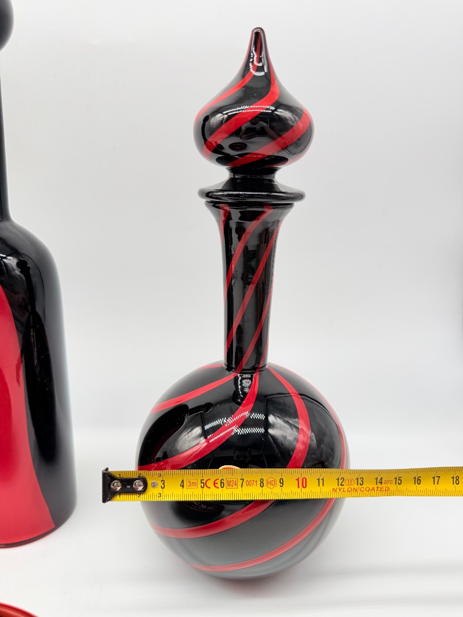 MURANO di Archimede Seguso - set in vetro artistico italiano con vortici neri e rossi, firmato-photo-3