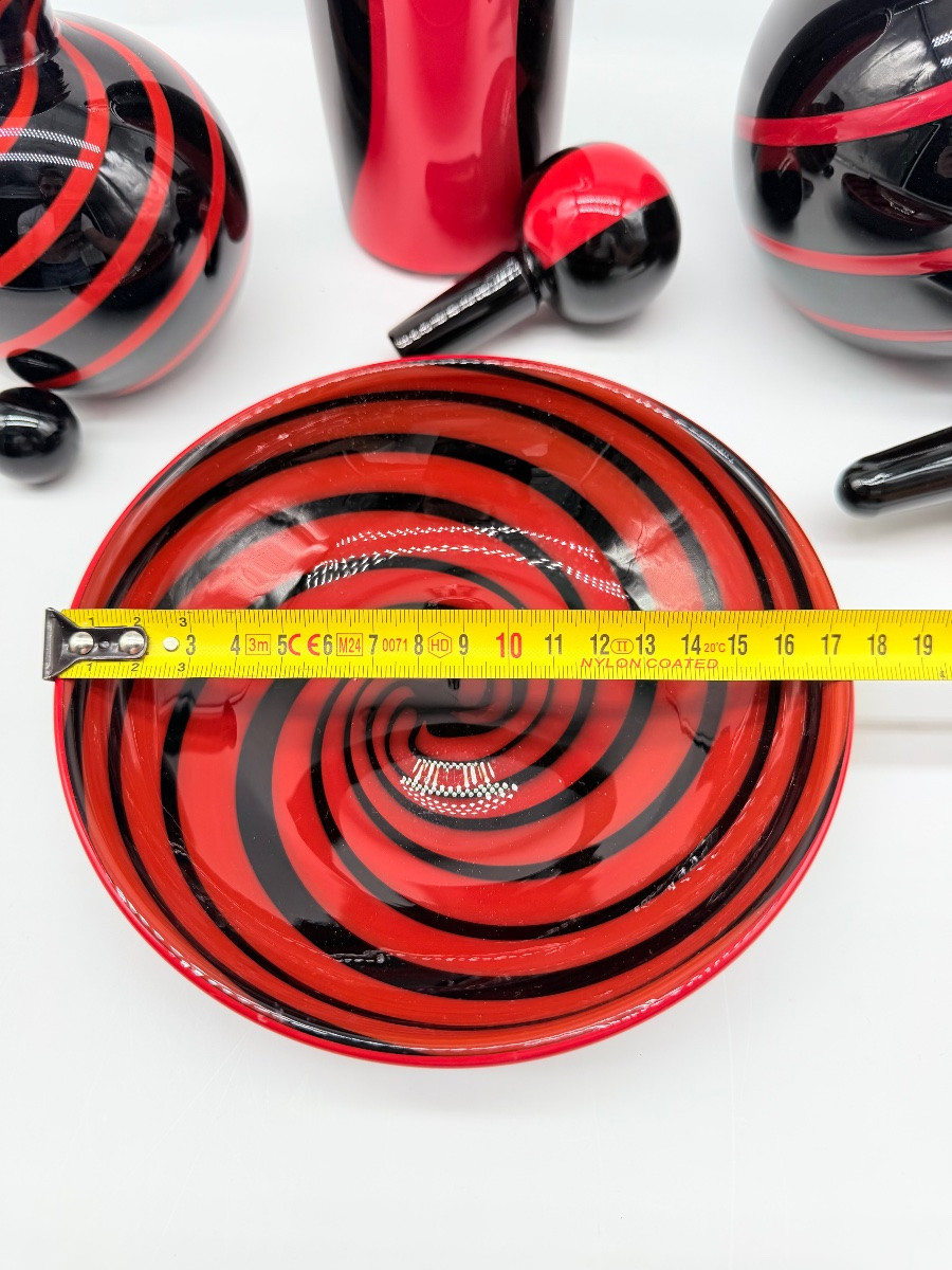 MURANO di Archimede Seguso - set in vetro artistico italiano con vortici neri e rossi, firmato-photo-6