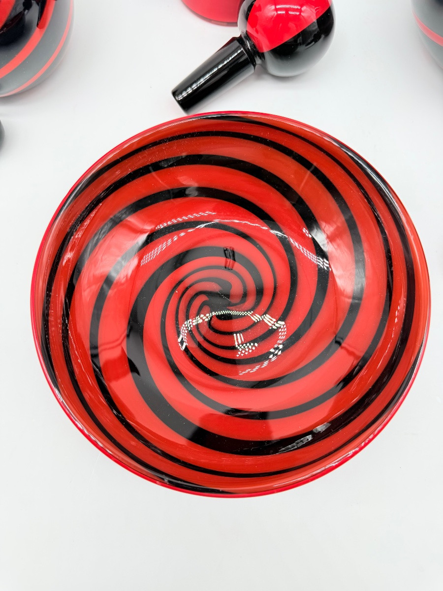 MURANO di Archimede Seguso - set in vetro artistico italiano con vortici neri e rossi, firmato-photo-8
