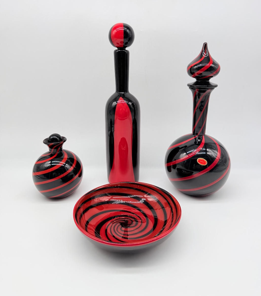 MURANO di Archimede Seguso - set in vetro artistico italiano con vortici neri e rossi, firmato