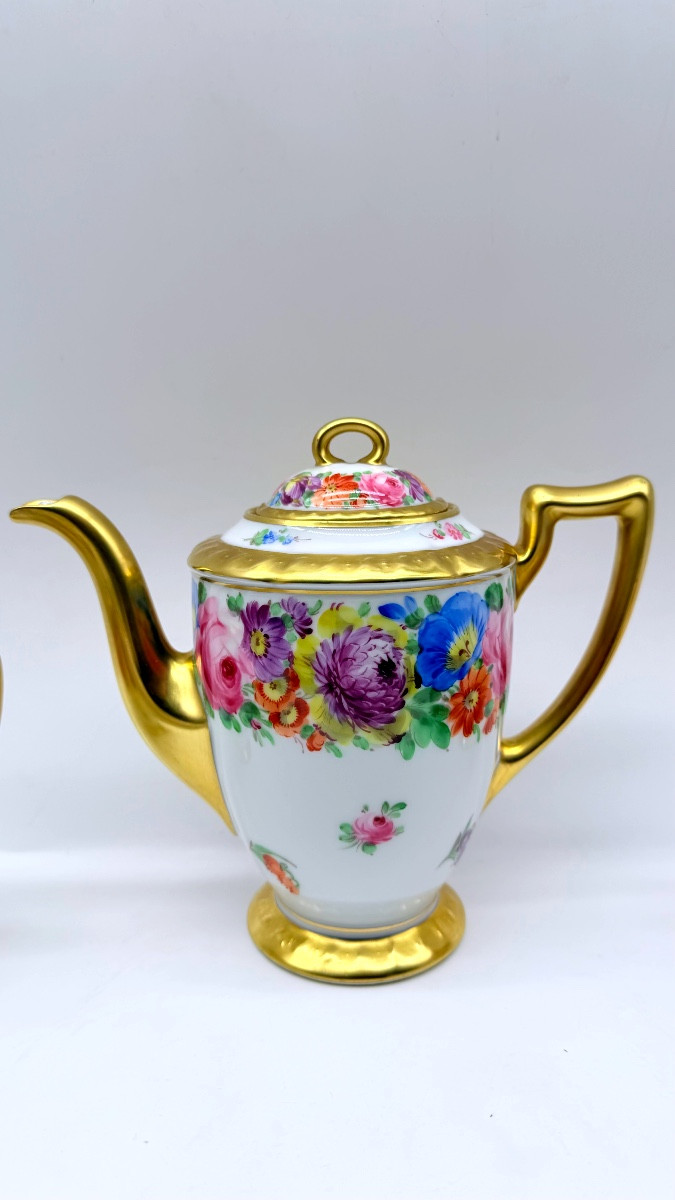 Servizio da caffè per 6 persone, porcellana di Dresda con decorazioni floreali e dorature.-photo-4