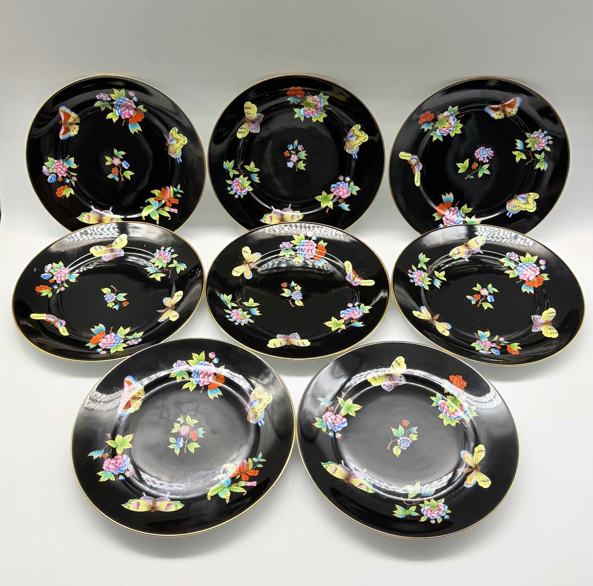 HEREND Piatto 6 portate Nero Victoria o motivo floreale Farfalla-photo-2