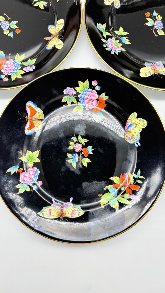 HEREND Piatto 6 portate Nero Victoria o motivo floreale Farfalla-photo-6