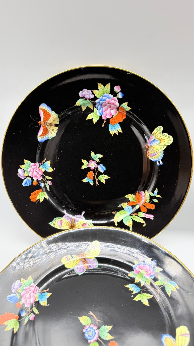 HEREND Piatto 6 portate Nero Victoria o motivo floreale Farfalla-photo-7