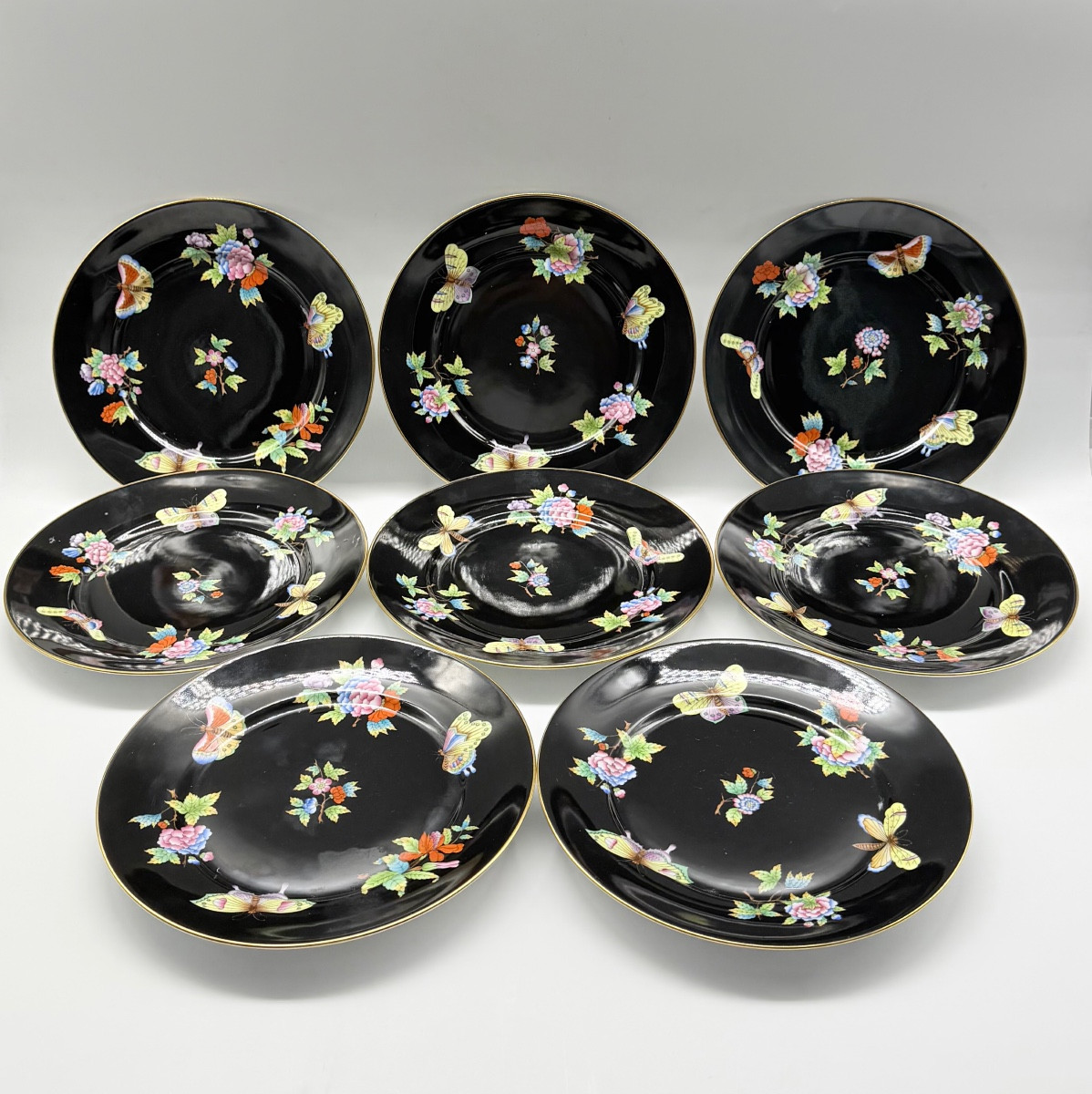 HEREND Piatto 6 portate Nero Victoria o motivo floreale Farfalla