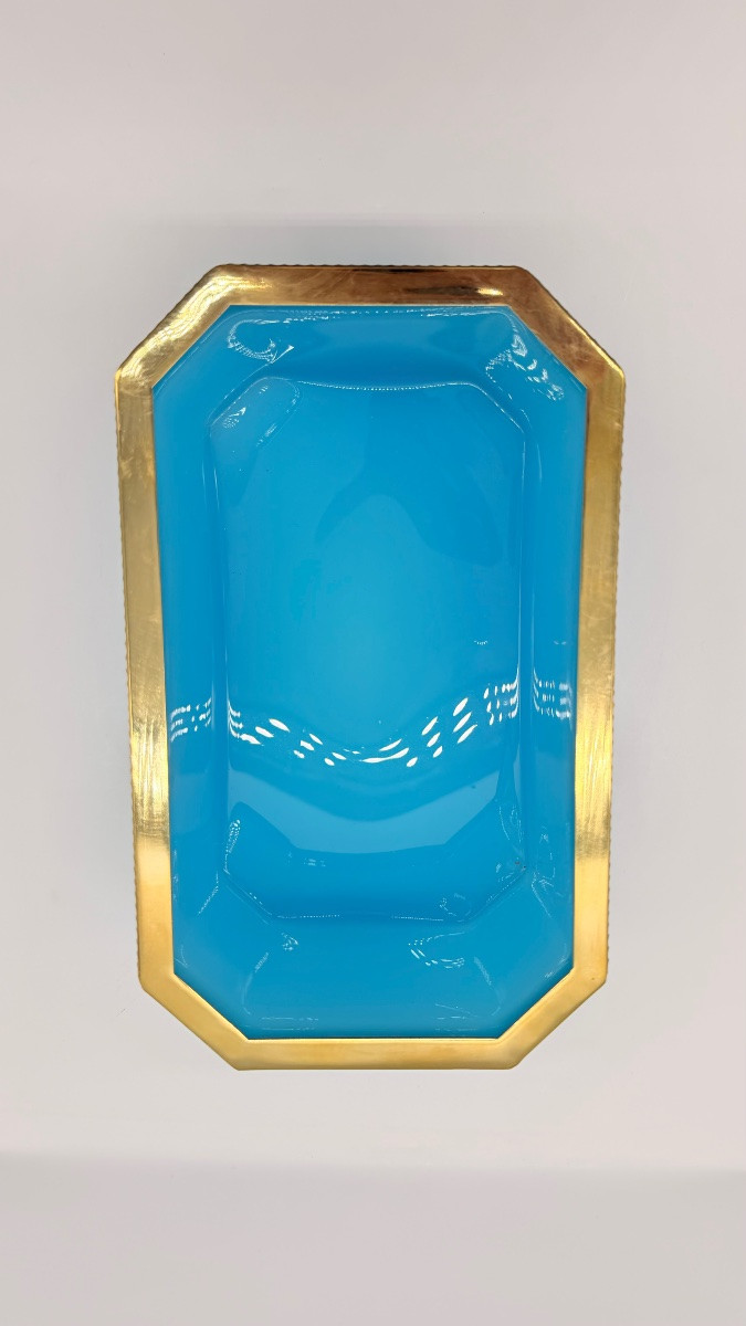 Vaso da giardino ottagonale in stile Art Déco in opalina blu francese, con struttura in metallo-photo-4