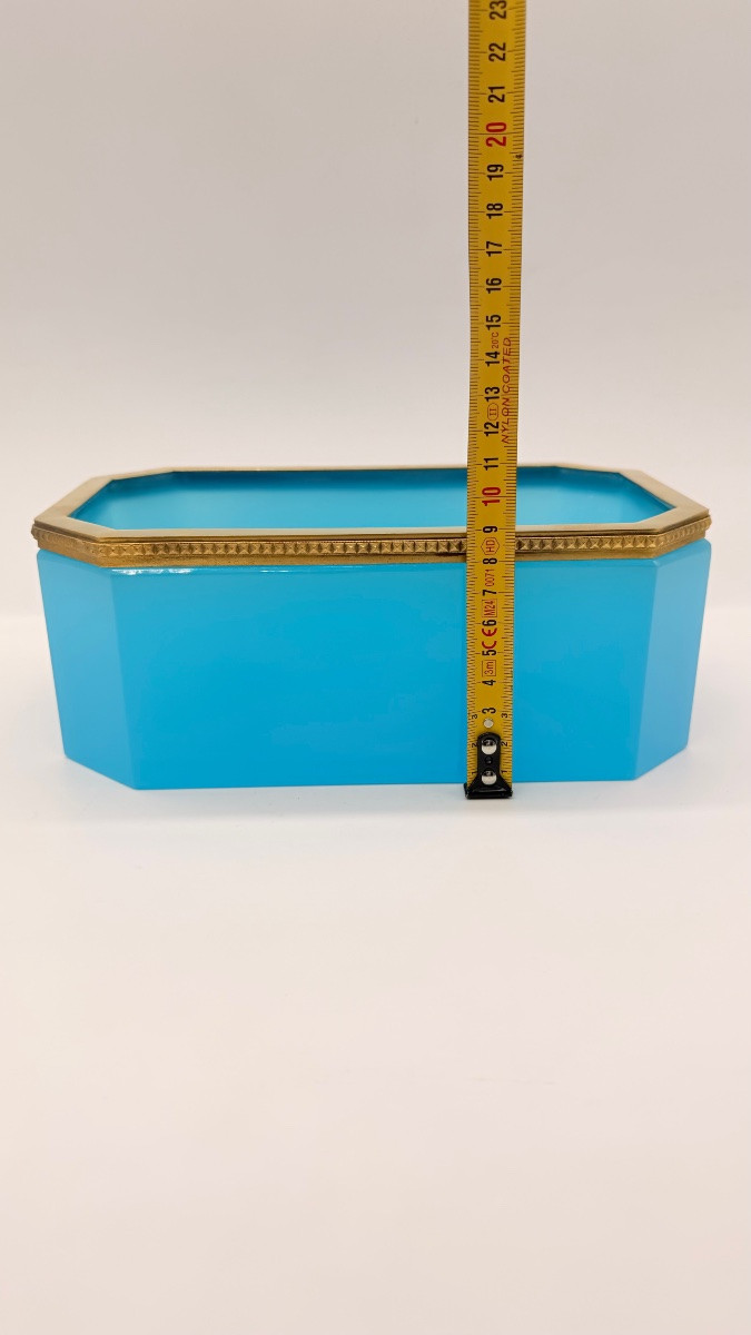 Vaso da giardino ottagonale in stile Art Déco in opalina blu francese, con struttura in metallo-photo-1