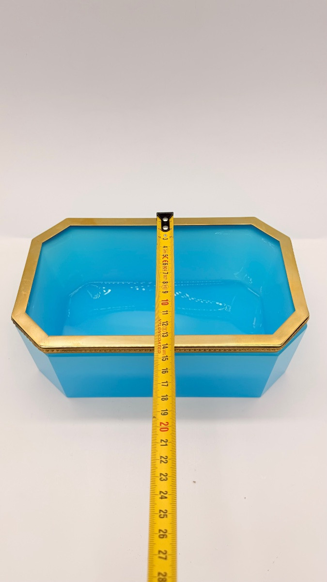 Vaso da giardino ottagonale in stile Art Déco in opalina blu francese, con struttura in metallo-photo-2