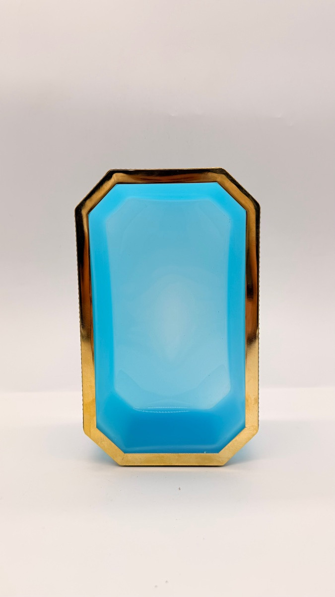 Vaso da giardino ottagonale in stile Art Déco in opalina blu francese, con struttura in metallo-photo-5