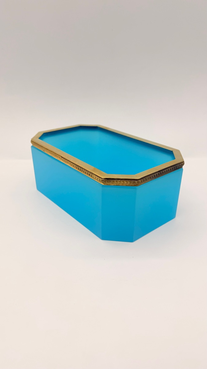 Vaso da giardino ottagonale in stile Art Déco in opalina blu francese, con struttura in metallo-photo-8