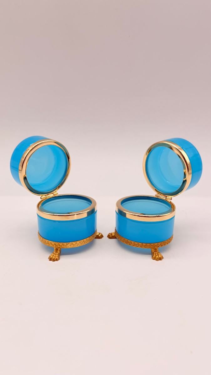 Coppia di scatole rotonde in vetro opalino francese poggianti su piedini a forma di leoni-photo-3