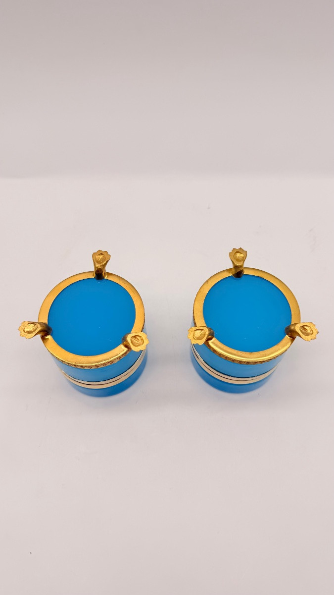 Coppia di scatole rotonde in vetro opalino francese poggianti su piedini a forma di leoni-photo-3