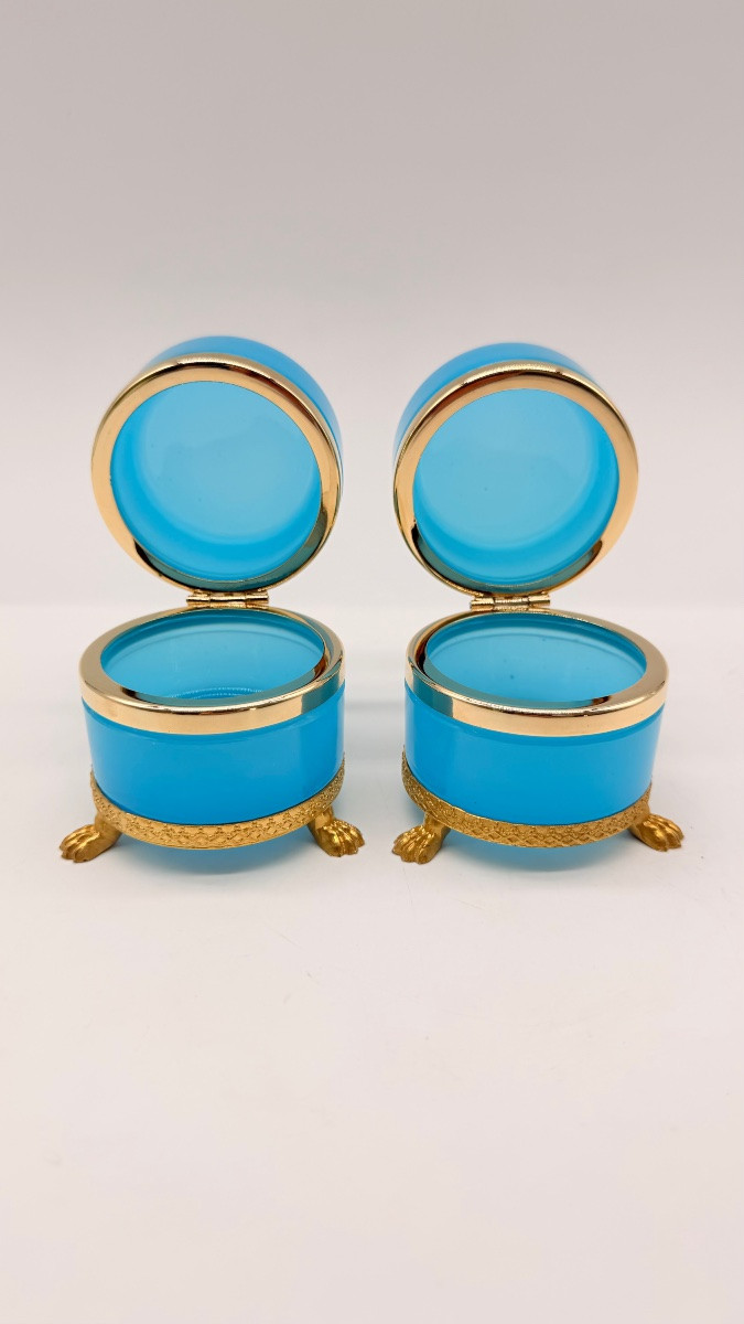 Coppia di scatole rotonde in vetro opalino francese poggianti su piedini a forma di leoni-photo-6