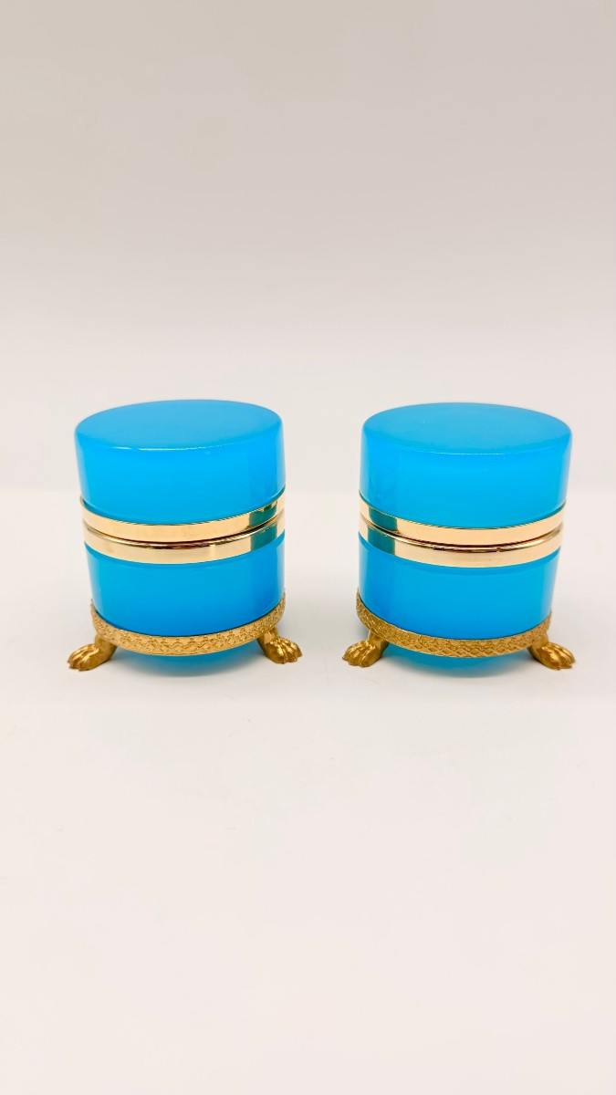 Coppia di scatole rotonde in vetro opalino francese poggianti su piedini a forma di leoni-photo-8